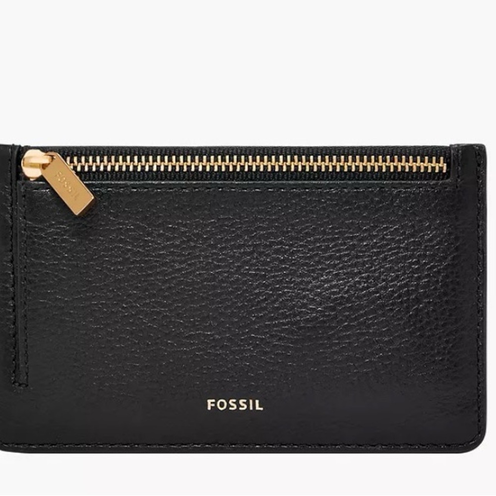 Fossil Black Leather card wallet with Gold Zipper